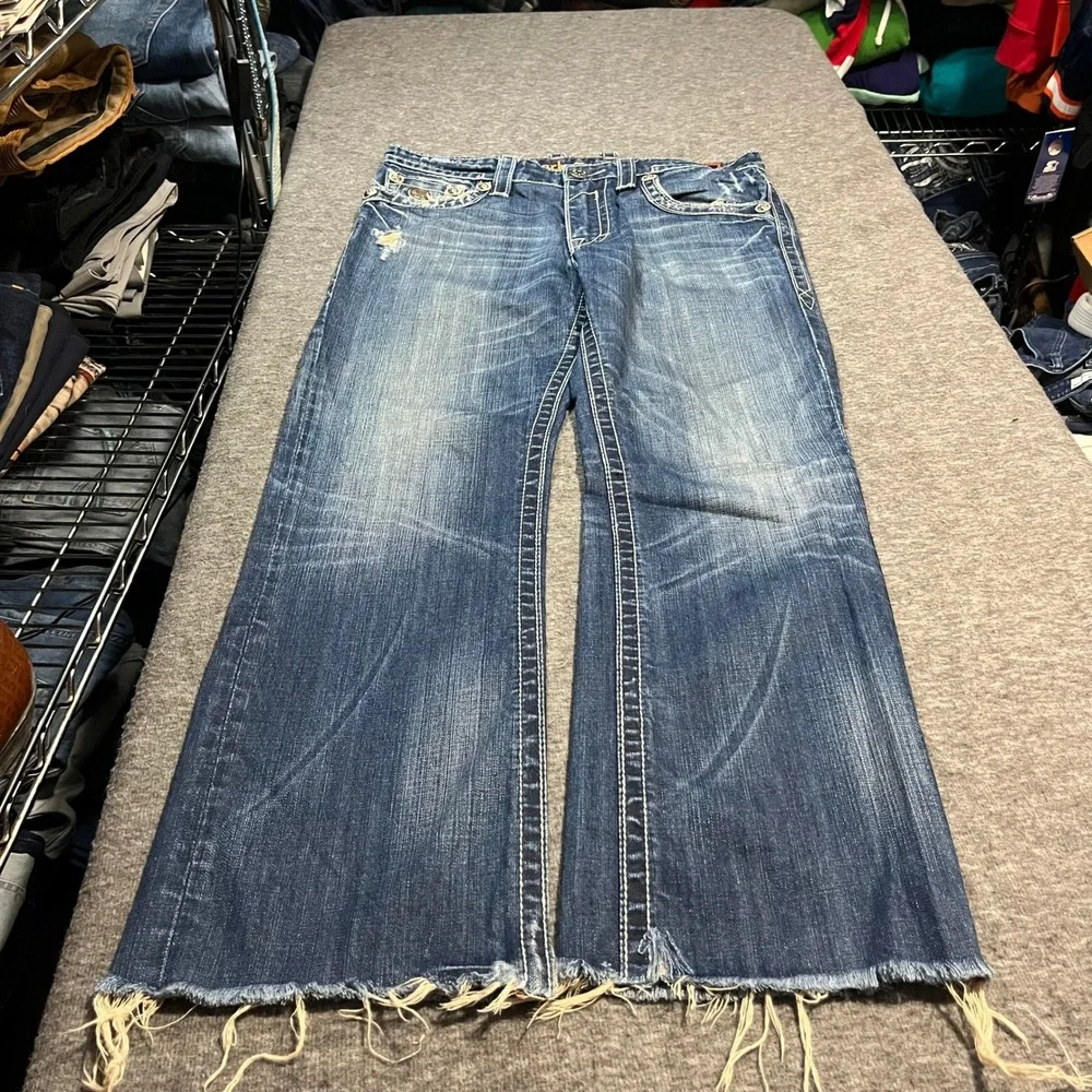 Rock Revival John Straight Distressed Blue Jeans Mens 34 Fleur De Lis Raw Hem